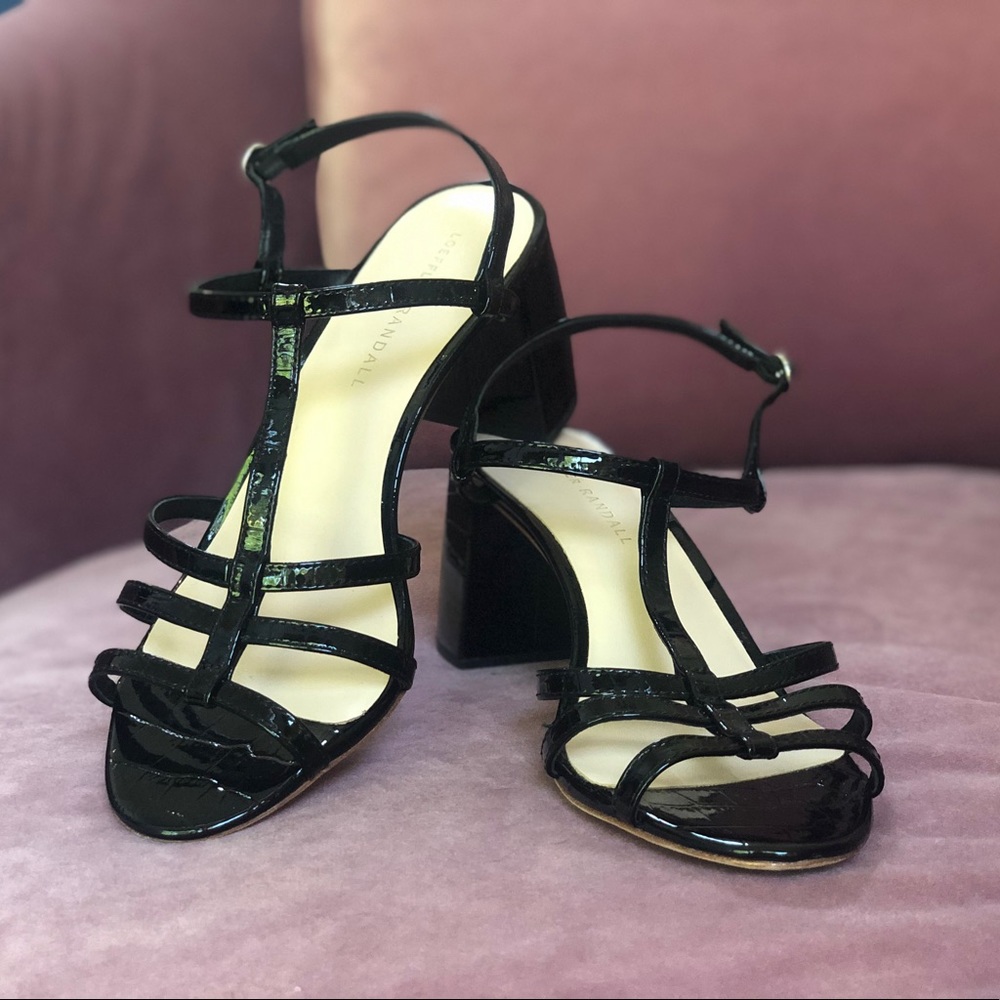 Loeffler Randall Elena Block Heel Sandal Size 7.5 black leather croc T-strap